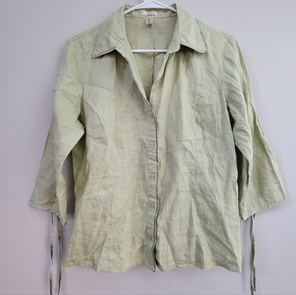 Old Navy Linen Button Up Green Women's Size M Office Capsule Tailored Modest